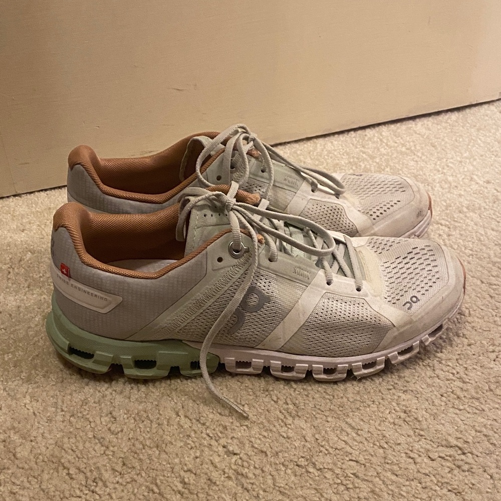 On Running White and Brown Athletic Shoes